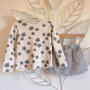 Zara Ecru Floral Waffle Long Sleeve + Gray Corduroy Skirt Outfit Set